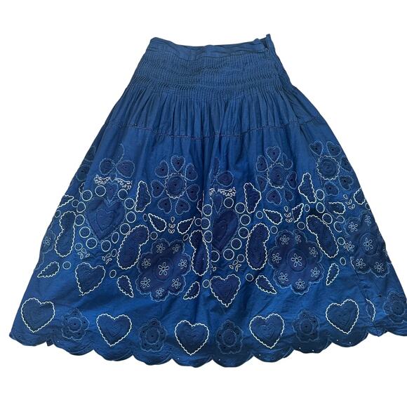 SEA Blue Eyelet Full Midi Skirt SIZE 4 Embroidered Prairie Western Designer $485 - Picture 11 of 13